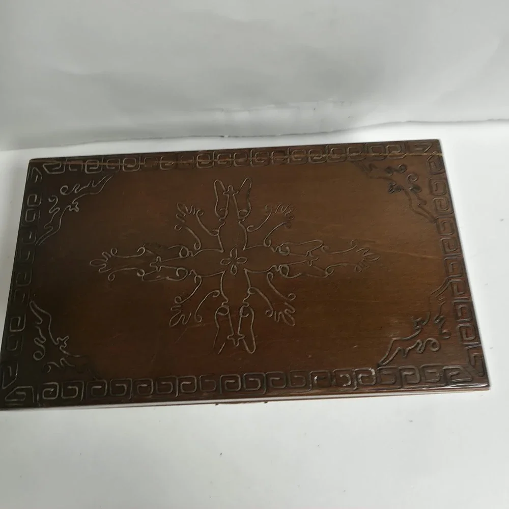 Vintage Hand Carved Wooden Jewelry Box Floral Relief Etched Trinket Chest